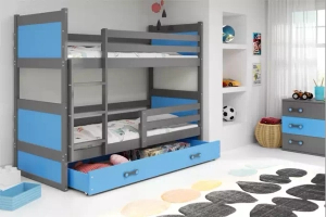 Lit ado superposé Rico 90X190 avec matelas et tiroir, gris/bleu