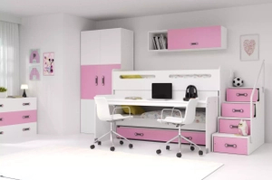 Lit ado superposé 3 places Max 1 80X200 avec matelas et bureau, rose