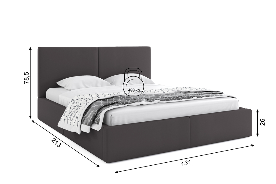 Lit double rembourré Le Hilton 120X200 avec matelas et coffre, graphite