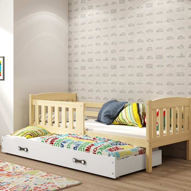 Lit ado gigogne Jacquot 90X190 avec matelas et tiroir, pin/blanc