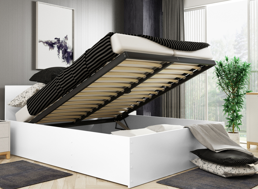 Lit double Le Panamax 140X200 avec matelas et coffre, blanc