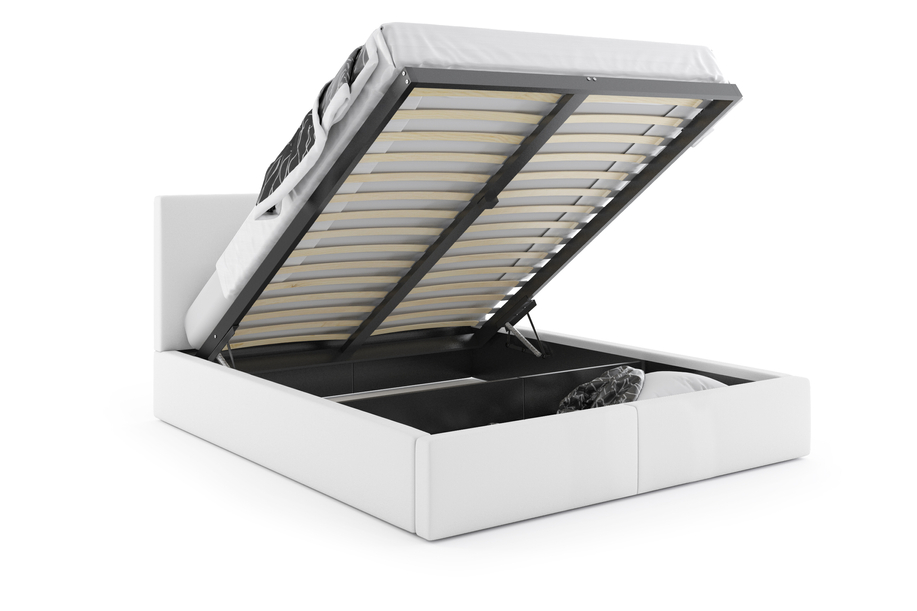 Lit double rembourré Le Hilton 180X200 avec matelas et coffre, blanc