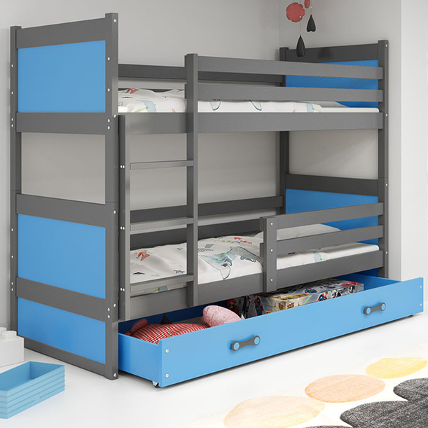 Lit ado superposé Rico 90X200 avec matelas et tiroir, gris/bleu