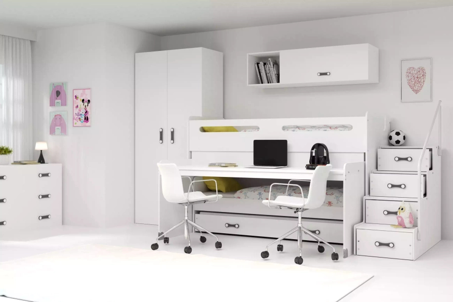 Lit ado superposé 3 places MAX 1 80X200 avec matelas et bureau, blanc