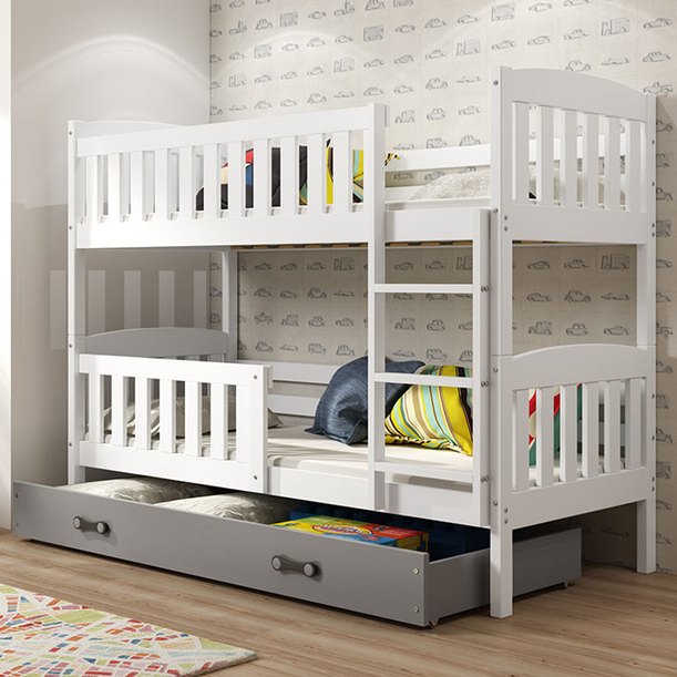 Lit ado superposé Jacquot 90X190 avec matelas et tiroir, blanc/gris