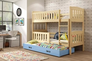 Lit ado superposé 3 places Jacquot 90X200 avec matelas et tiroir, pin/bleu