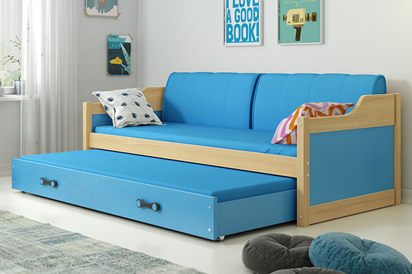 Lit ado gigogne David 90X200 avec matelas et tiroir, pin/bleu
