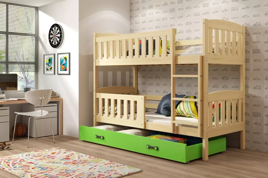 Lit ado superposé Jacquot 90X190 avec matelas et tiroir, pin/vert