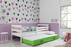 Lit ado gigogne Éric 90X200 avec matelas et tiroir, blanc/vert