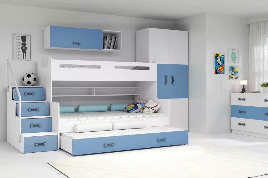 Lit ado superposé 3 places Max 3 120X200 avec matelas et tiroir, bleu