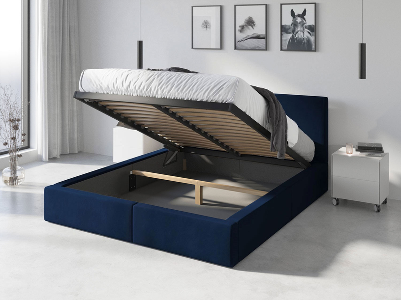 Lit double rembourré Le Hilton 120X200 avec matelas et coffre, bleu