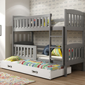 Lit ado superposé 3 places Jacquot 90X190 avec matelas et tiroir, gris/blanc