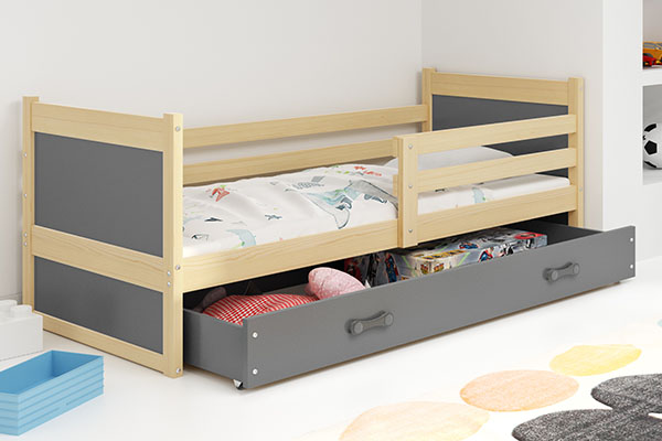Lit ado simple Rico 80X190 avec tiroir, pin/gris