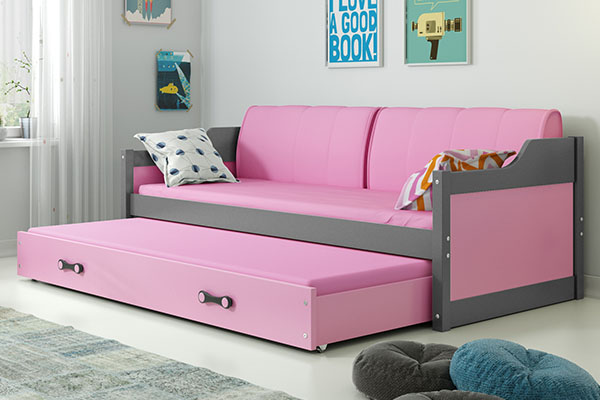 Lit ado gigogne David 90X200 avec matelas et tiroir, gris/rose