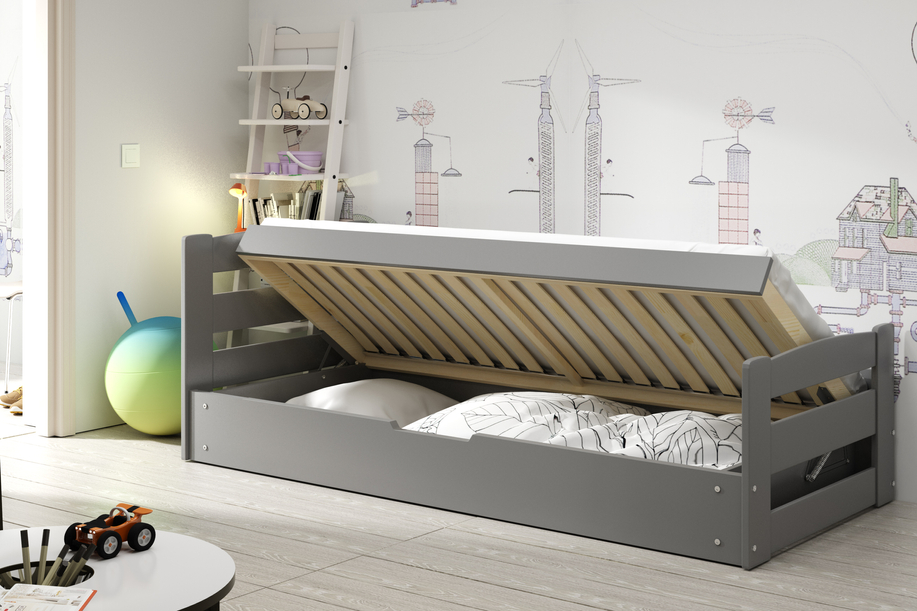 Lit ado simple Erni 90X200 avec coffre, gris