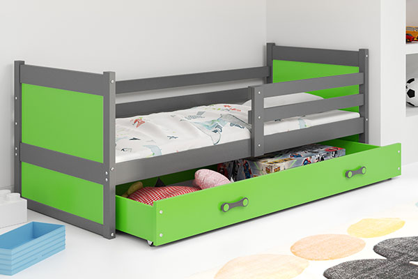 Lit ado simple Rico 90X200 avec tiroir, gris/vert