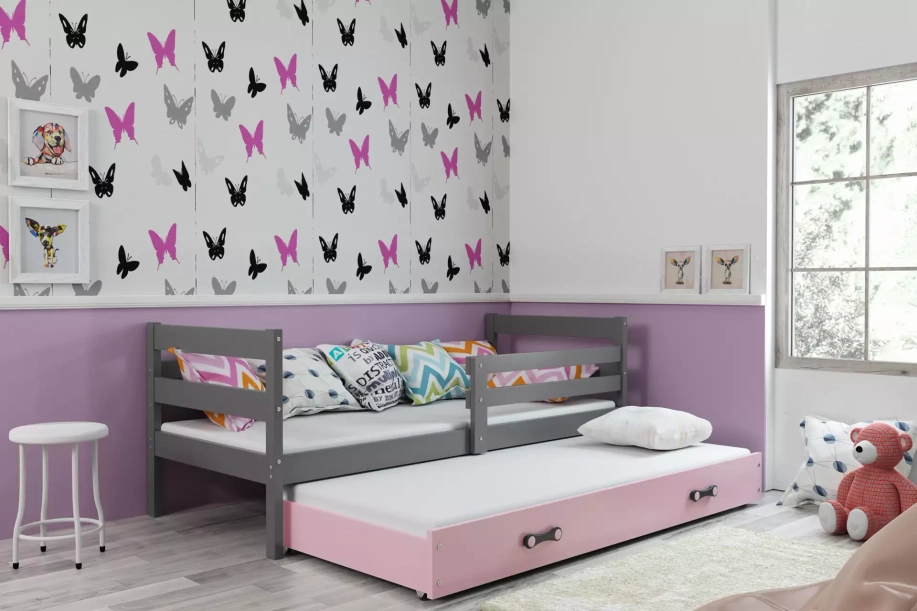 Lit ado gigogne Éric 90X190 avec matelas et tiroir, gris/rose