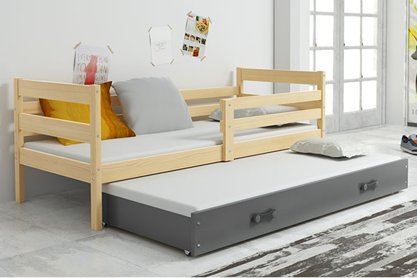 Lit ado gigogne Éric 80X190 avec matelas et tiroir, pin/gris