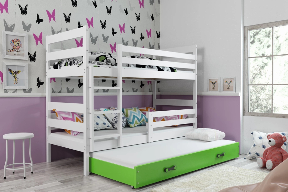 Lit ado superposé 3 places Éric 90X200 avec matelas et tiroir, blanc/vert