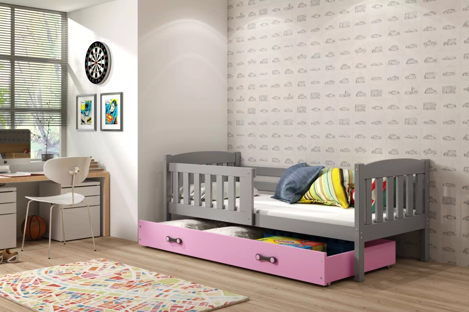 Lit enfant simple Jacquot 80X160 avec matelas et tiroir, gris/rose