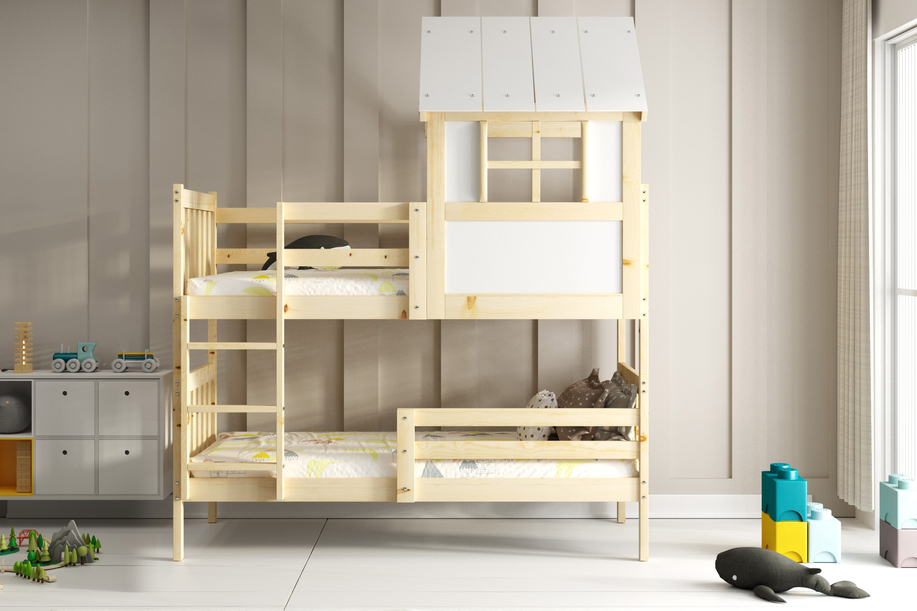 Lit superposé cabane avec toit – Kacper en bois naturel 90x190