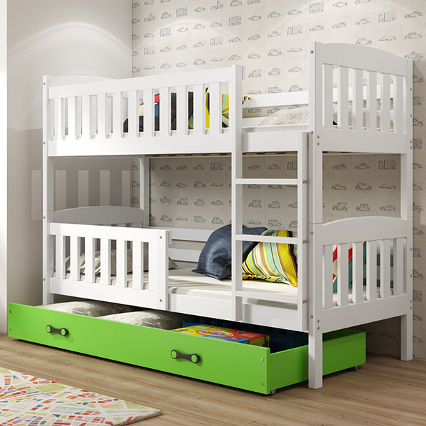 Lit ado superposé Jacquot 90X200 avec matelas et tiroir, blanc/vert