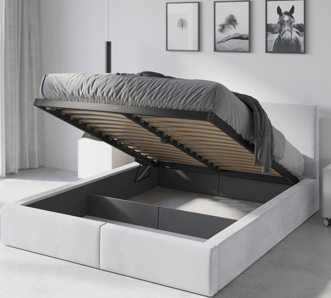 Lit double rembourré Le Hilton 180X200 avec matelas et coffre, blanc