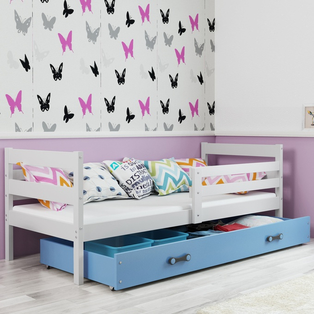 Lit ado simple Éric 90X190 avec matelas et tiroir, blanc/bleu