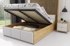 Lit double rembourré Le Panamax 140X200 avec matelas et coffre, kraft/blanc