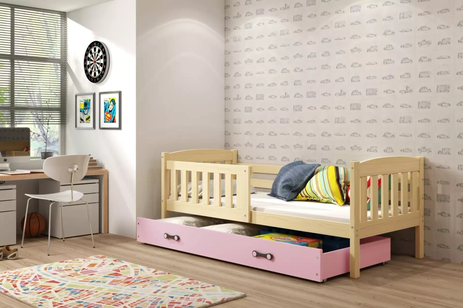 Lit ado simple Jacquot 90X190 avec tiroir, pin/rose