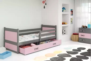 Lit ado simple Rico 90X190 avec matelas et tiroir, gris/rose