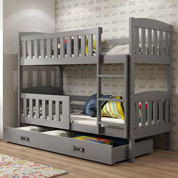 Lit ado superposé Jacquot 90X190 avec matelas et tiroir, gris
