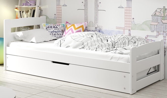 Lit ado simple Erni 90X200 avec matelas et coffre, blanc