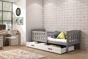 Lit ado simple Jacquot 90X190 avec matelas et tiroir, gris/blanc