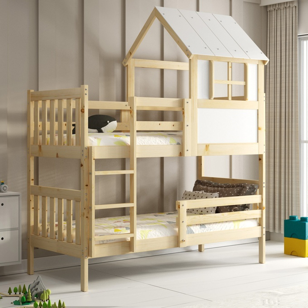 Lit superposé cabane avec toit – Kacper en bois naturel 90x190