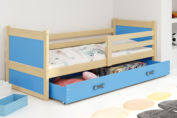 Lit ado simple Rico 80X190 avec matelas et tiroir, pin/bleu
