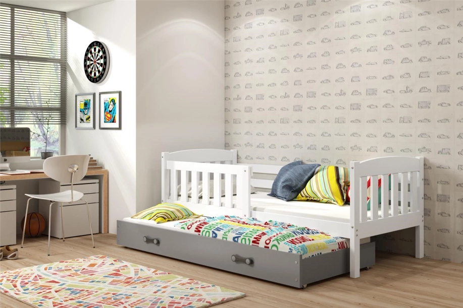 Lit ado gigogne Jacquot 90X190 avec matelas et tiroir, blanc/gris
