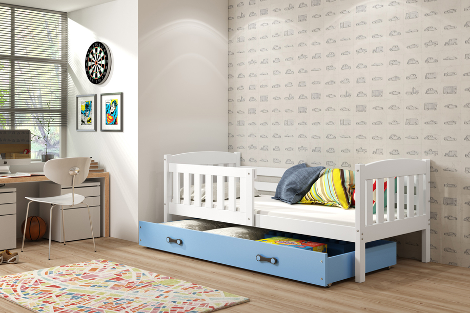 Lit enfant simple Jacquot 80X160 avec matelas et tiroir, blanc/bleu