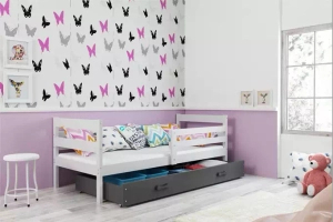 Lit ado simple Éric 90X190 avec matelas et tiroir, blanc/gris