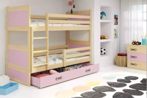 Lit ado superposé Rico 90X190 avec matelas et tiroir, pin/rose