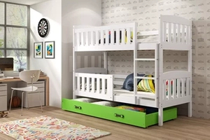 Lit ado superposé Jacquot 90X200 avec matelas et tiroir, blanc/vert