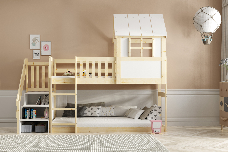 Lit mezzanine cabane avec escaliers et toit – mezzanine en bois naturel 90x200