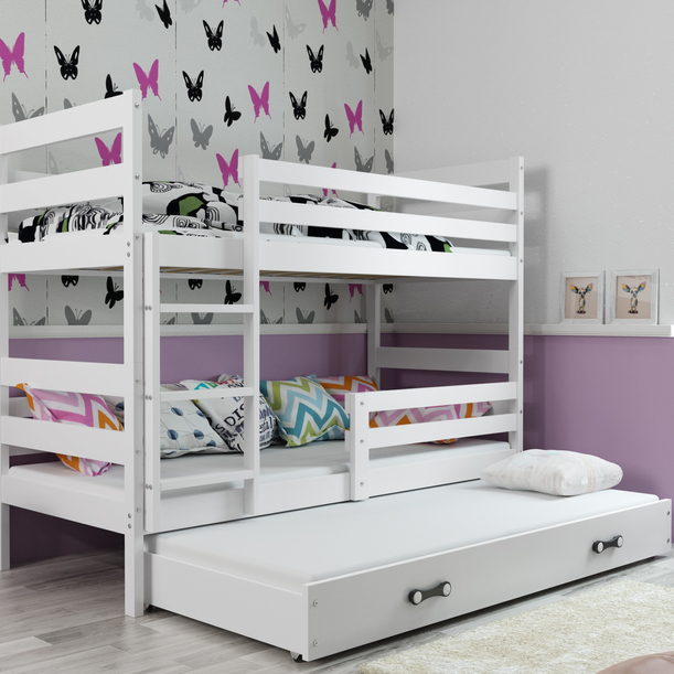 Lit ado superposé 3 places Éric 90X200 avec matelas et tiroir, blanc