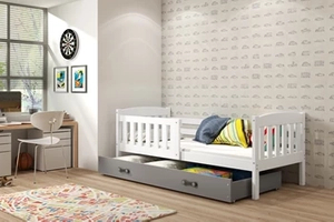 Lit ado simple Jacquot 80X190 avec matelas et tiroir, blanc/gris