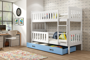 Lit ado superposé Jacquot 90X190 avec matelas et tiroir, blanc/bleu