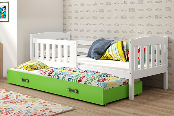 Lit ado gigogne Jacquot 90X200 avec matelas et tiroir, blanc/vert