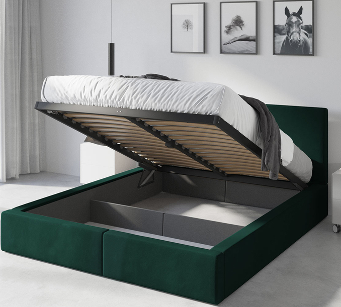 Lit double rembourré Le Hilton 180X200 avec coffre, vert