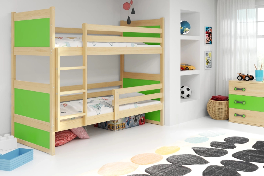 Lit ado superposé Rico 90X200 avec matelas, pin/vert