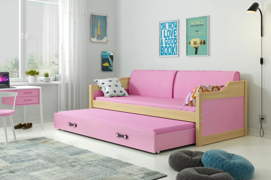 Lit ado gigogne David 90X200 avec matelas et tiroir, pin/rose