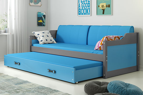 Lit ado gigogne David 90X200 avec matelas et tiroir, gris/bleu